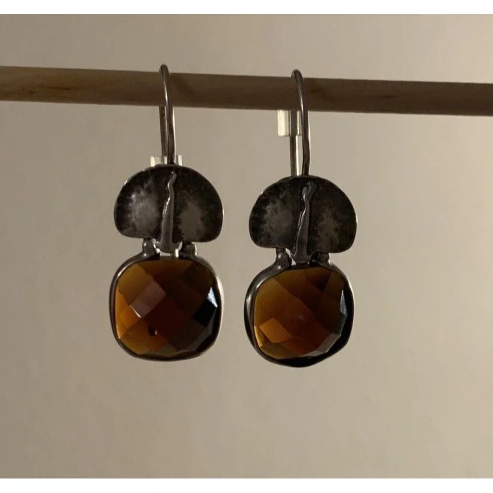 SILPADA Sterling Silver Smoky Quartz Earrings W1272 Faceted Amber Hammered Rare
